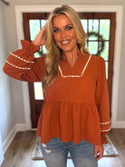 BAILEY Long Sleeve Ric Rac Trim Top in Toffee - Sassy and Southern