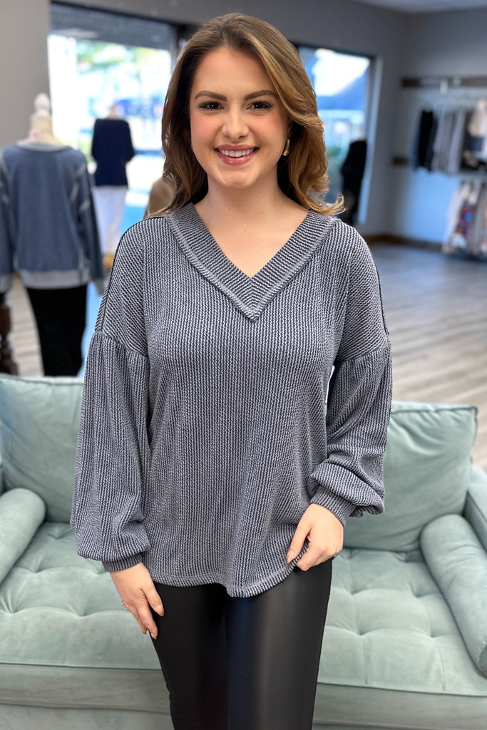 Jackie V Neck Top - Denim - Sassy & Southern
