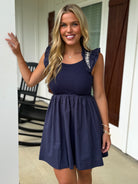 GRACE Embroidered Sleeve Ruffle Dress (Navy) - Sassy and Southern