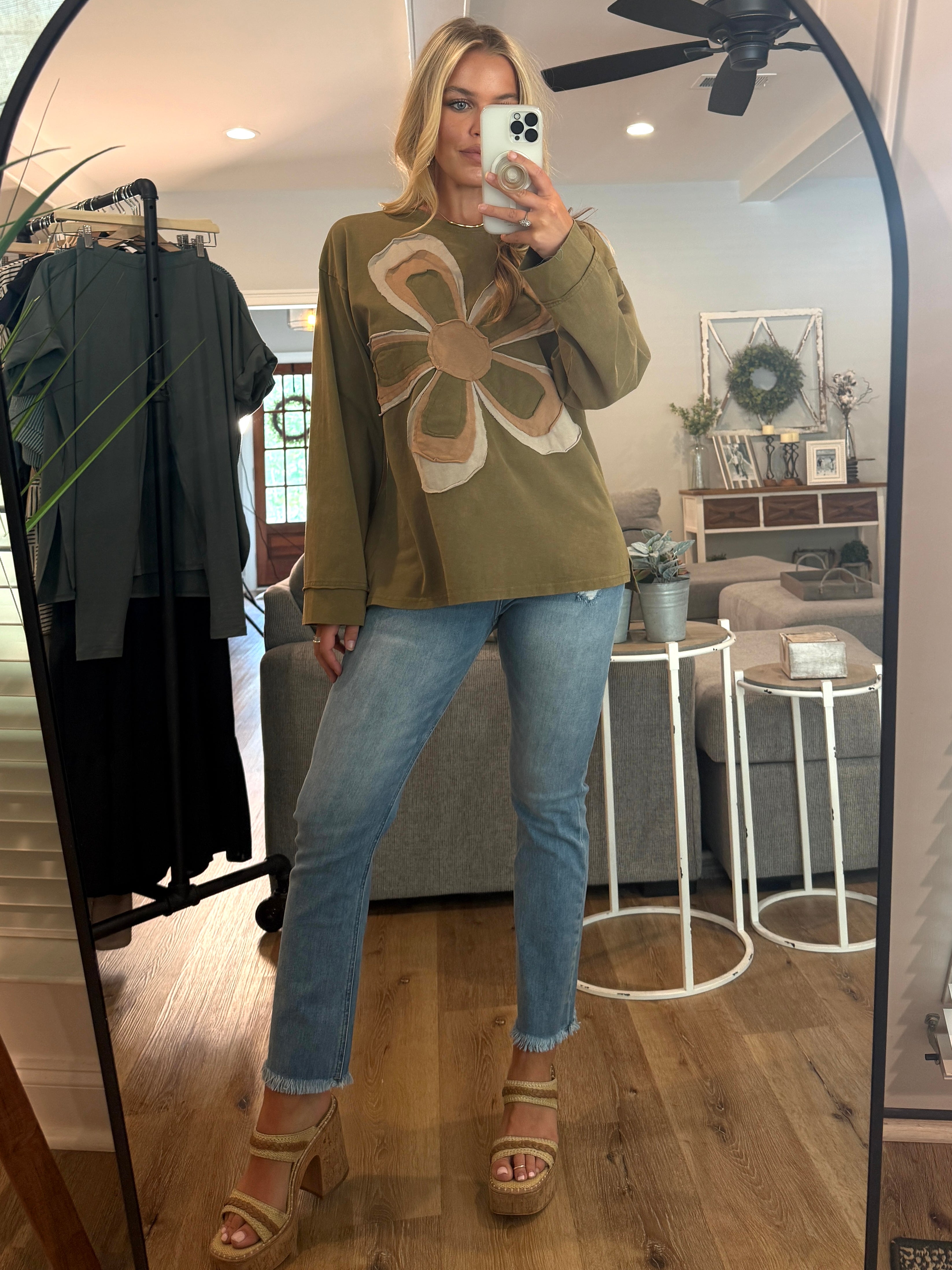 EMMA Oversized Olive Flower Patch Top - Sassy and Southern