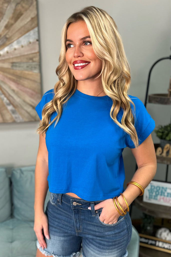 ISABELLA Cropped Roll Cuff Top (Blue) - Sassy & Southern