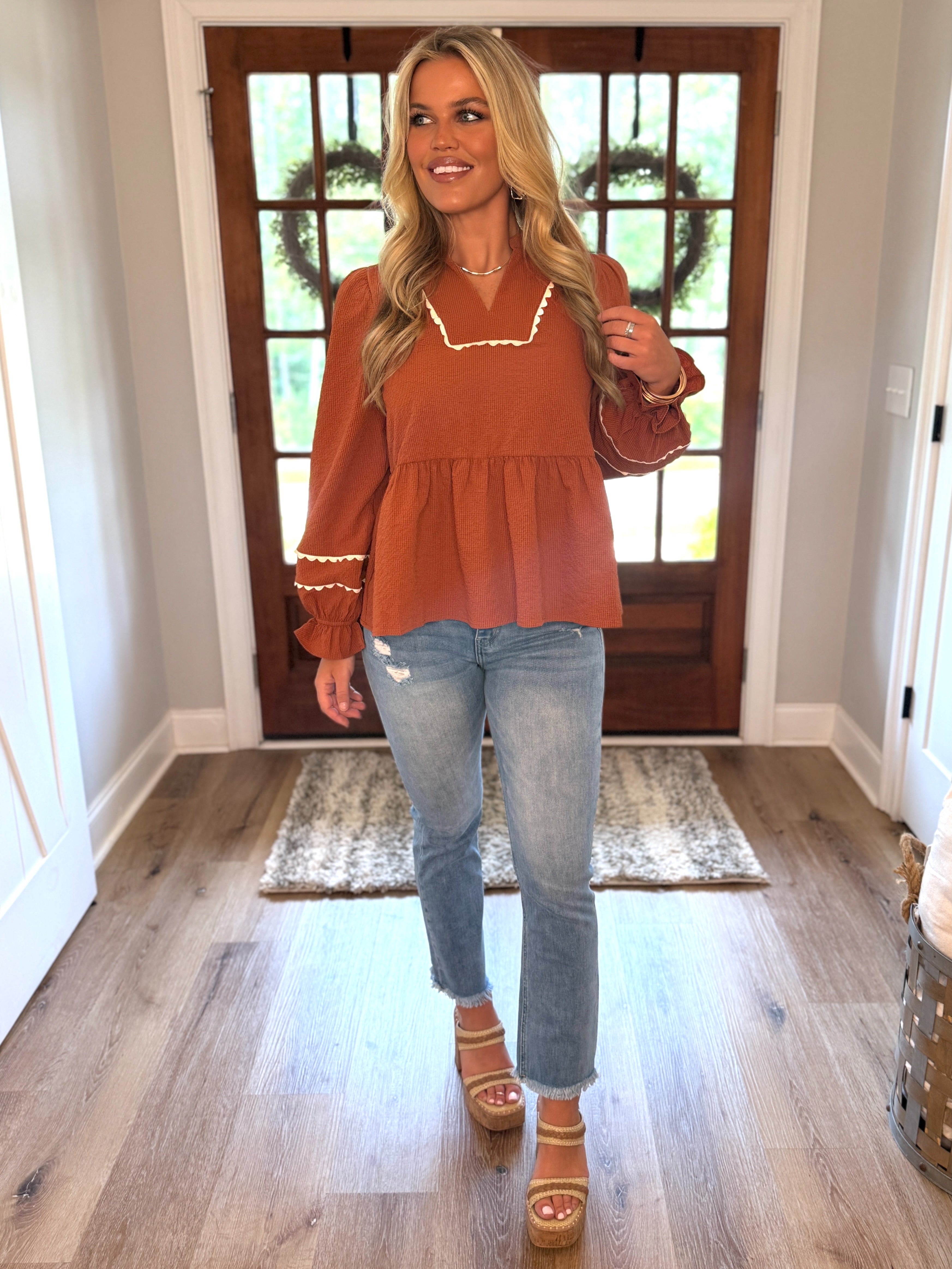 BAILEY Long Sleeve Ric Rac Trim Top in Toffee - Sassy and Southern