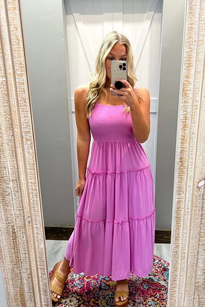 CHARLOTTE Smocked Midi Dress (Pink) - Sassy & Southern