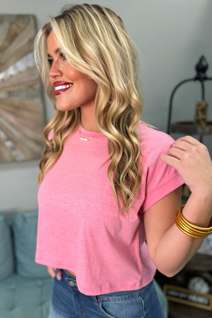 ISABELLA Cropped Roll Cuff Top (Pink/Coral) - Sassy & Southern