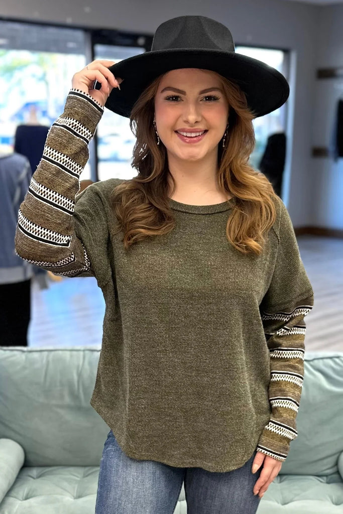FINCH Olive Striped Sleeve Knit Top - Sassy and Southern