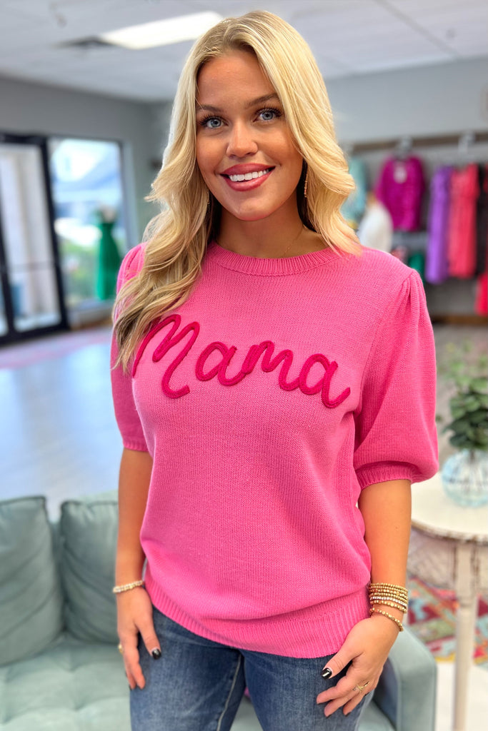 MAMA Embroidered Sweater (Pink) - Sassy & Southern