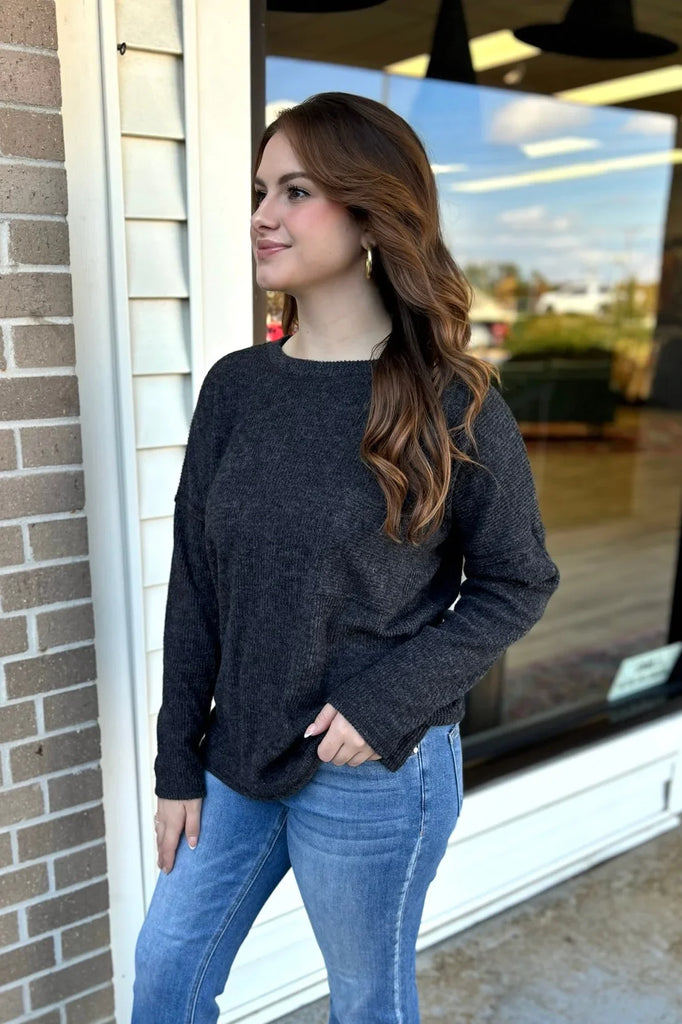 BROOKE Melange Pocket Sweater - Charcoal - Sassy and Southern