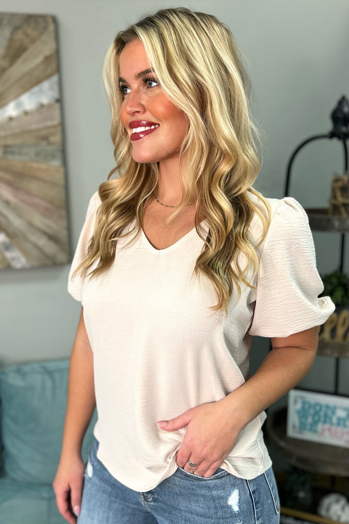 JULIE Puff Sleeve V-Neck Top (Taupe) - Sassy & Southern