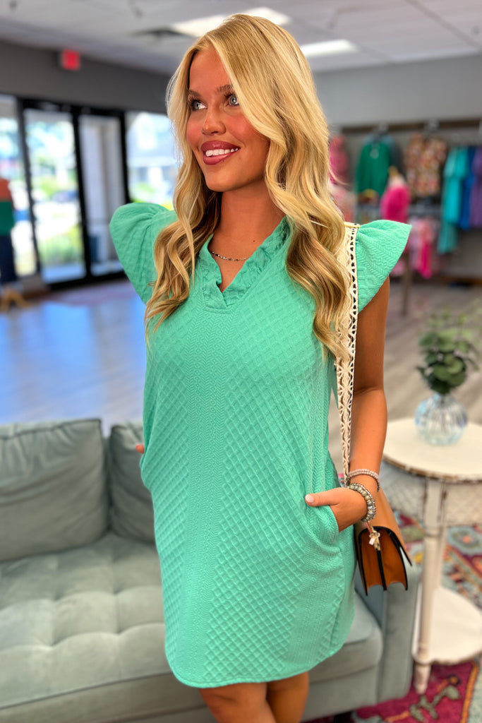 CELINE Textured Puffy Sleeve Dress (Mint) - Sassy & Southern