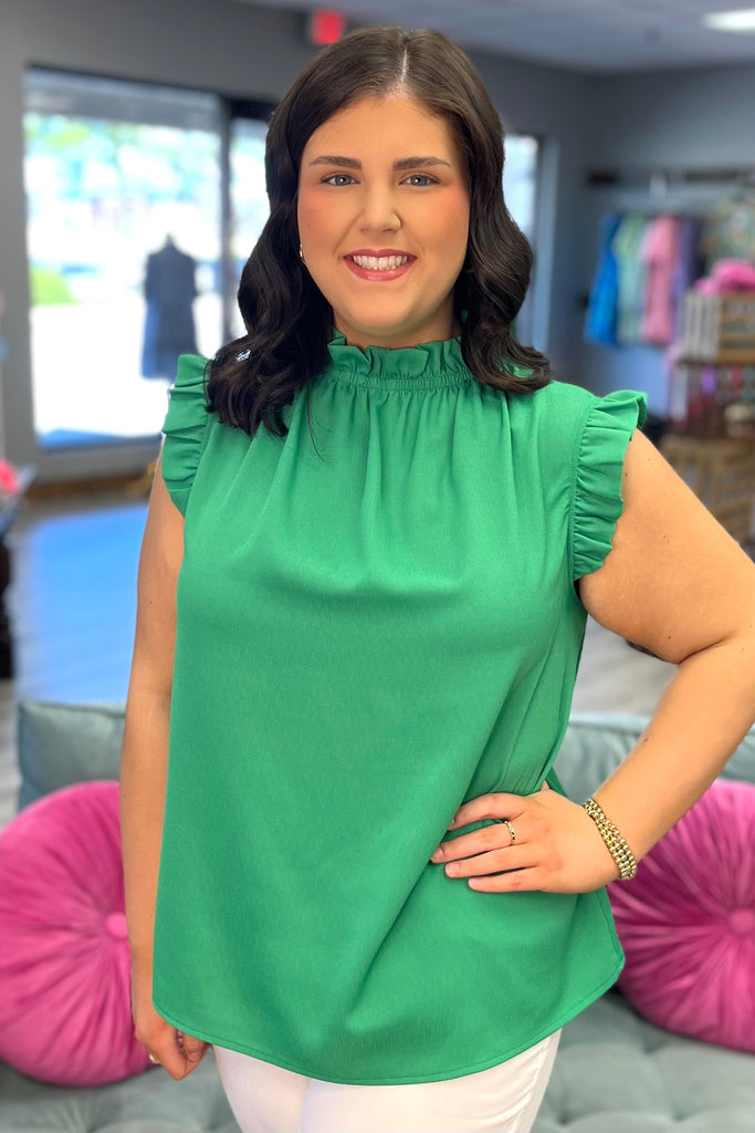 ELSIE Ruffled Neck Top (Green) - Sassy & Southern