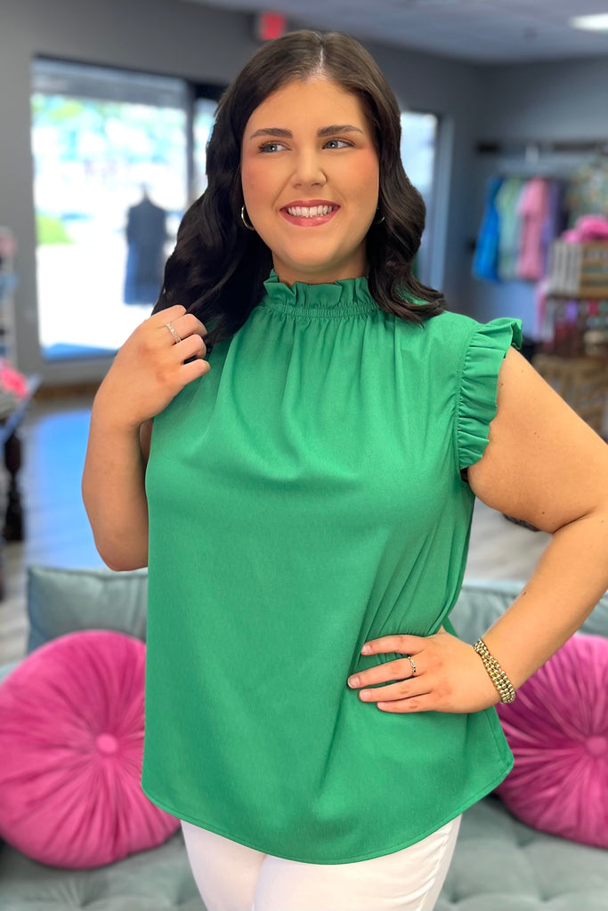 ELSIE Ruffled Neck Top (Green) - Sassy & Southern