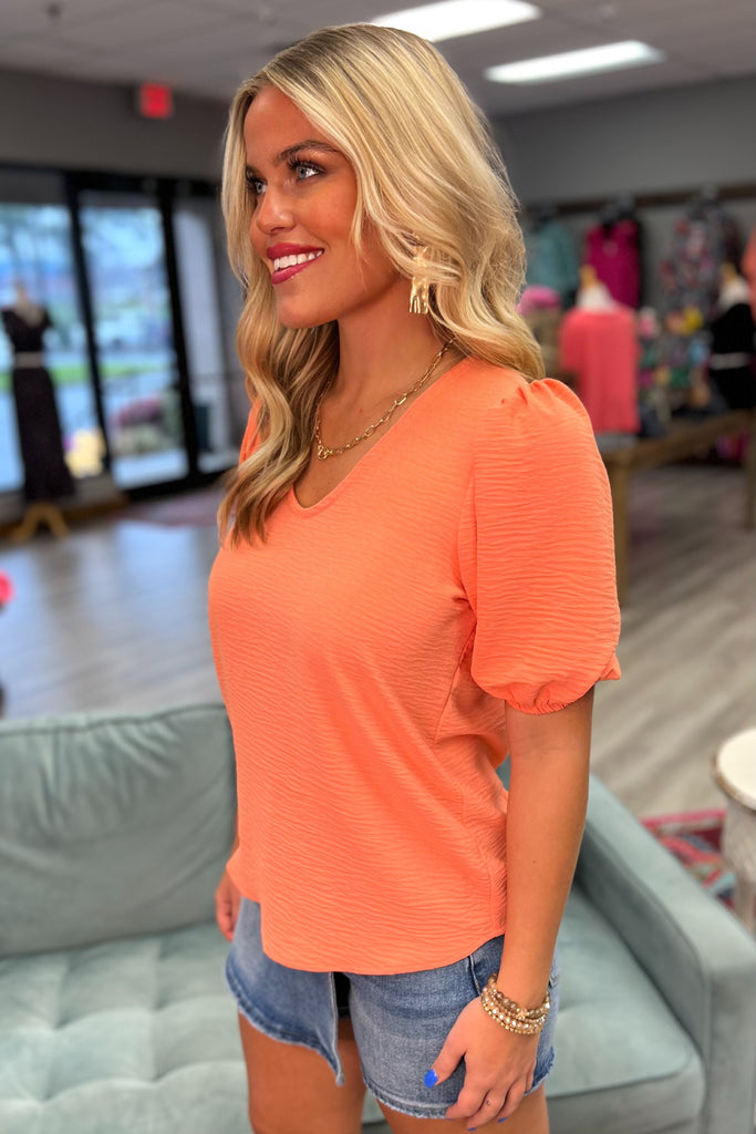 JULIE Puff Sleeve V-Neck Top (Coral) - Sassy & Southern