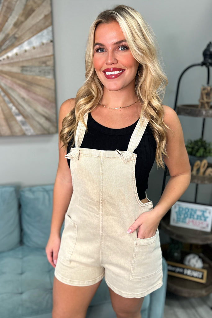 SADIE Washed Overall Romper (Taupe) - Sassy & Southern