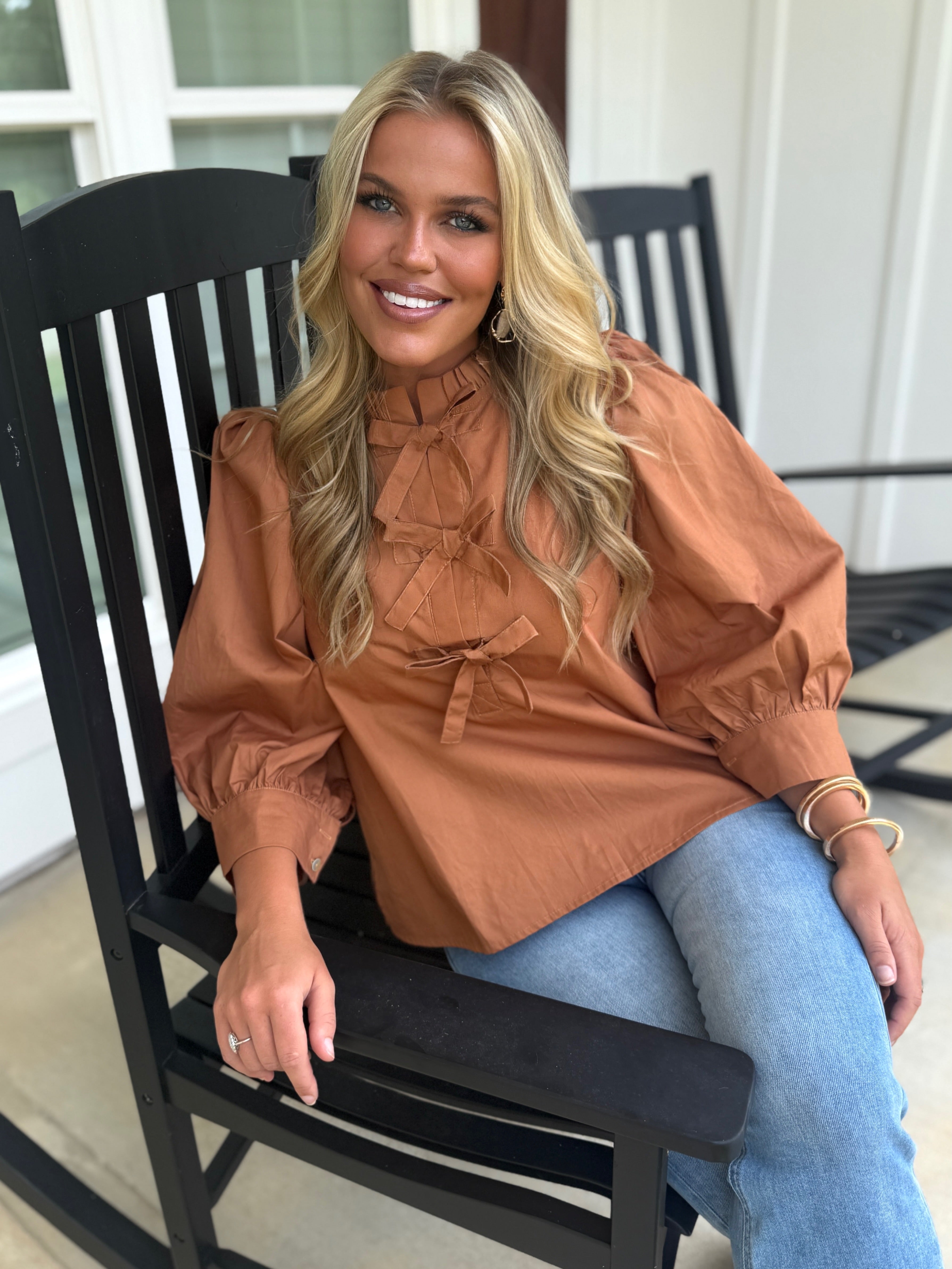 MARGARET Dressy Blouse With Bow Center (Toffee) - Sassy and Southern