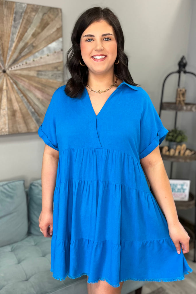 INDY Collared Dress With Frayed Trim (Blue) (Plus Size) - Sassy & Southern