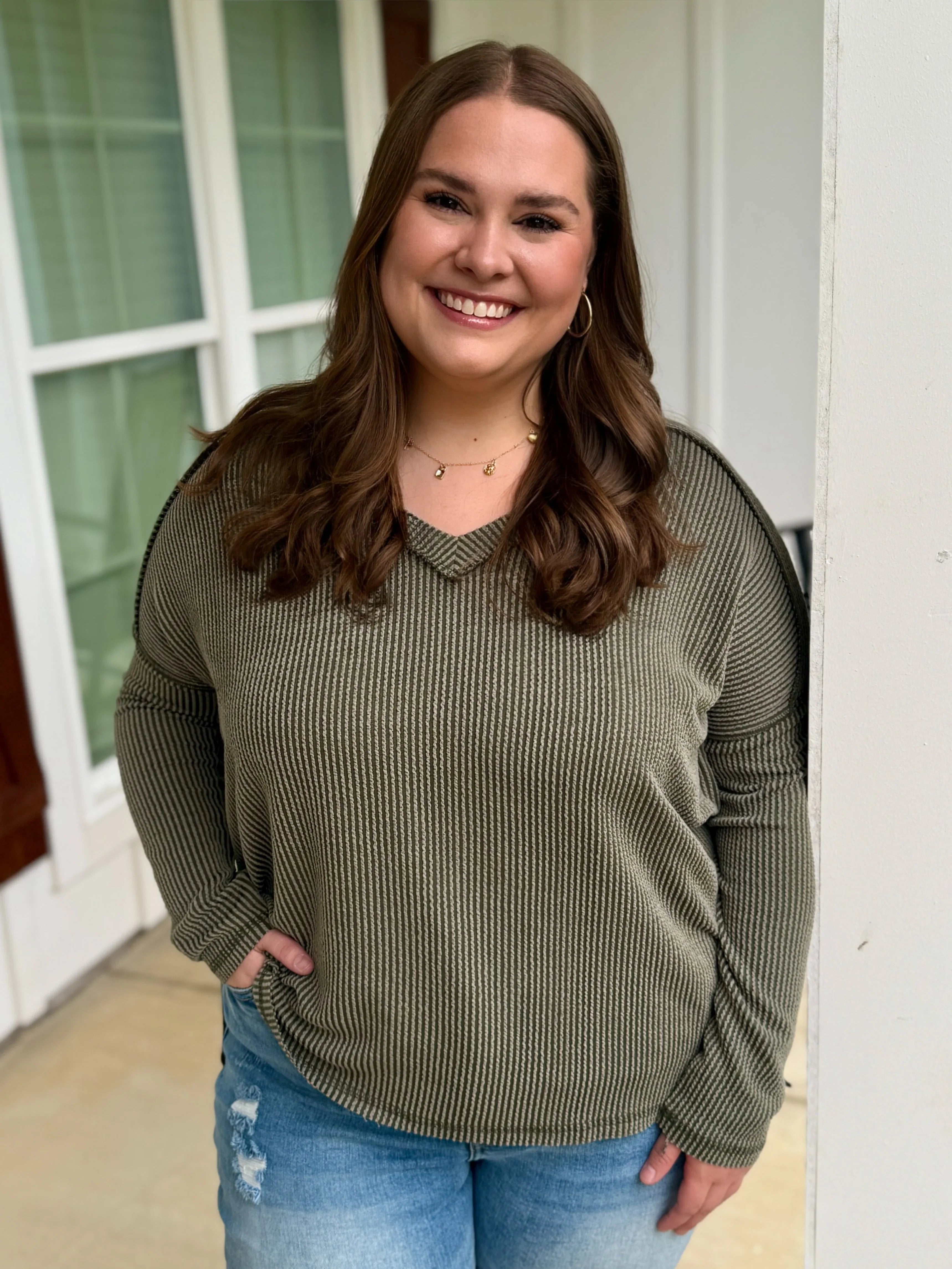 SADIE Raised Ribbed V-Neck Top (Olive) (S-3X) | Plus Size | Sizes