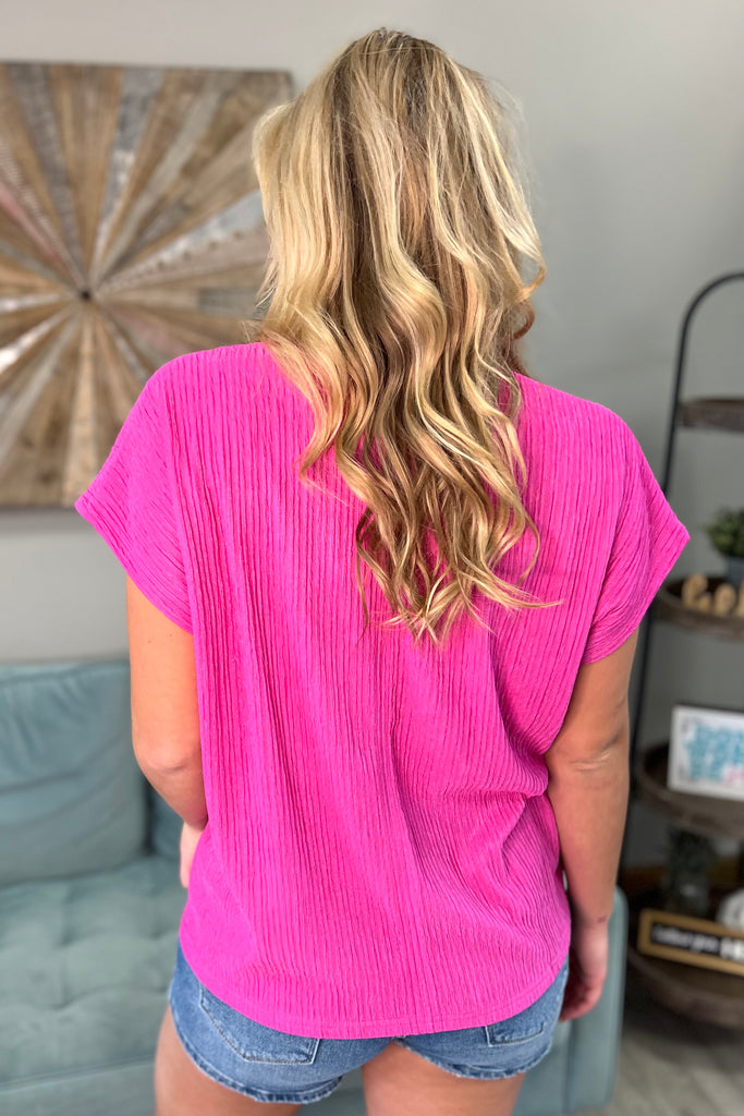 REESE Textured V-Neck Top (Fuchsia Pink) - Sassy & Southern