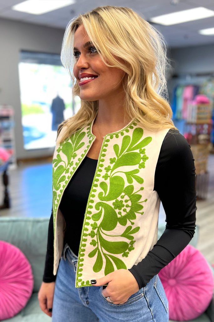 LYDIA Boho Embroidered Vest (Lime Green) - Sassy & Southern