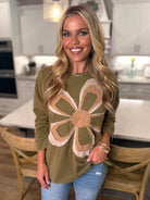 EMMA Oversized Olive Flower Patch Top - Sassy and Southern