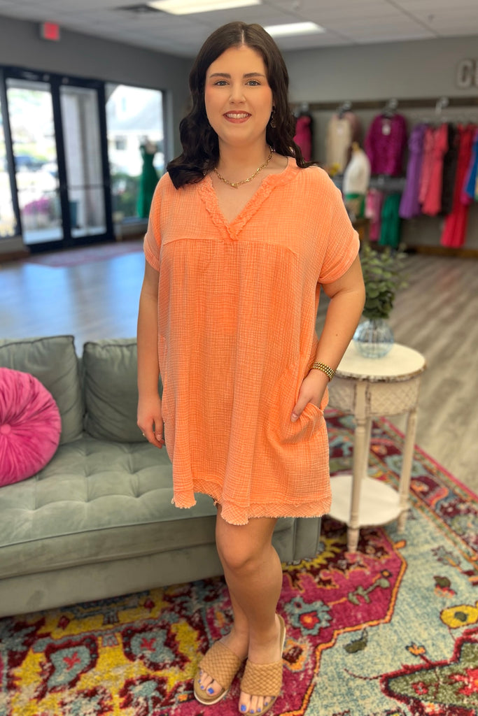 AVERY Mineral Washed Mini Dress (Coral) - Sassy & Southern