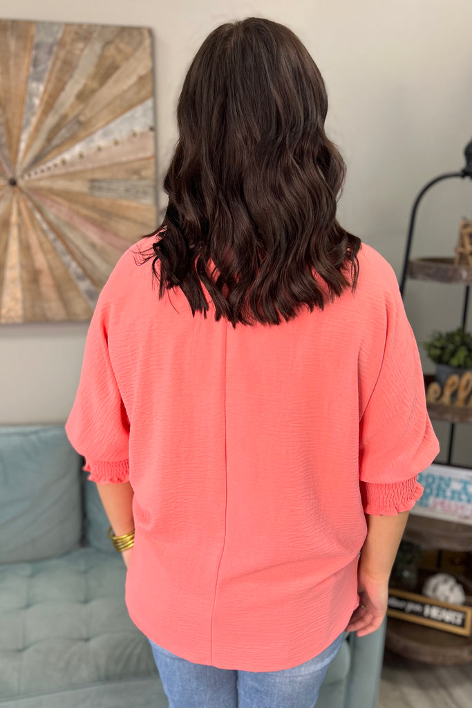 CALLIE Smocked Wrist Oversized Top (Coral) - Sassy & Southern