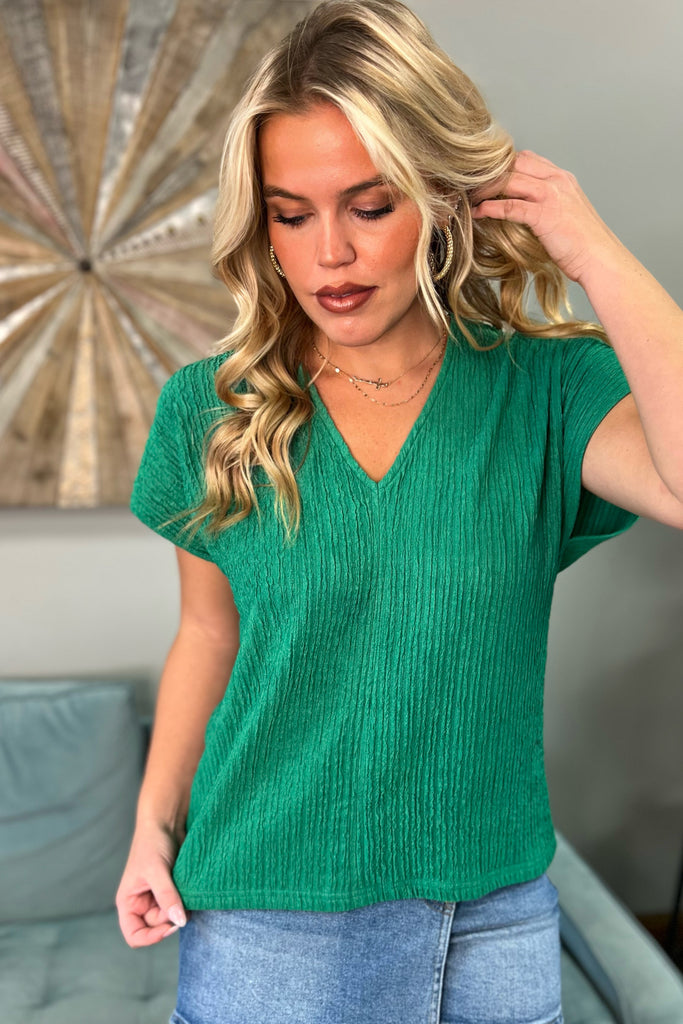 REESE Textured V-Neck Top (Green) - Sassy & Southern