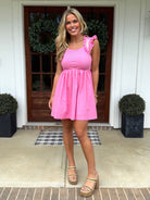 GRACE Embroidered Sleeve Ruffle Dress (Pink) - Sassy and Southern
