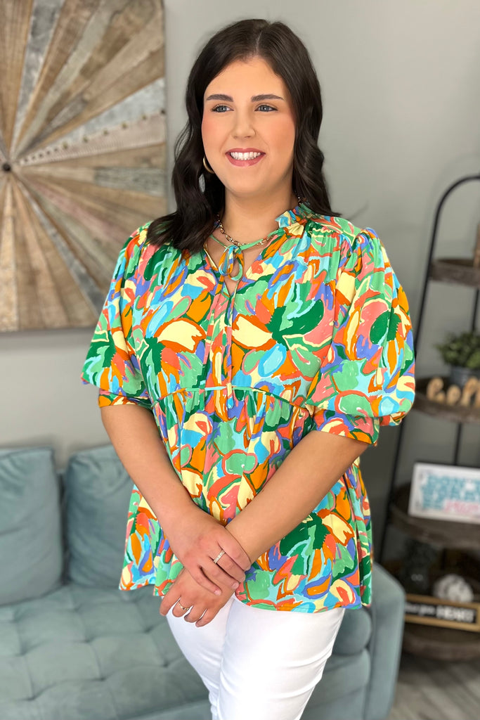 OAKLEIGH Abstract Print Top (Green Mix) (Plus Size) - Sassy & Southern