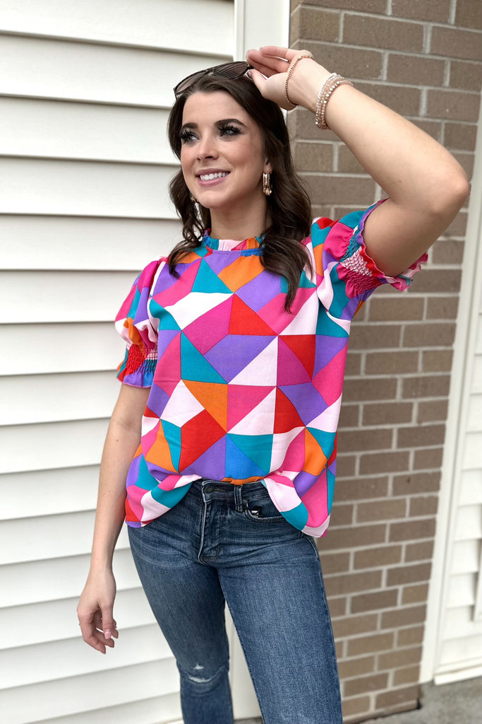 ZELIE Smocked Geometric Print Top - Sassy & Southern