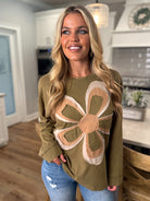 EMMA Oversized Olive Flower Patch Top - Sassy and Southern