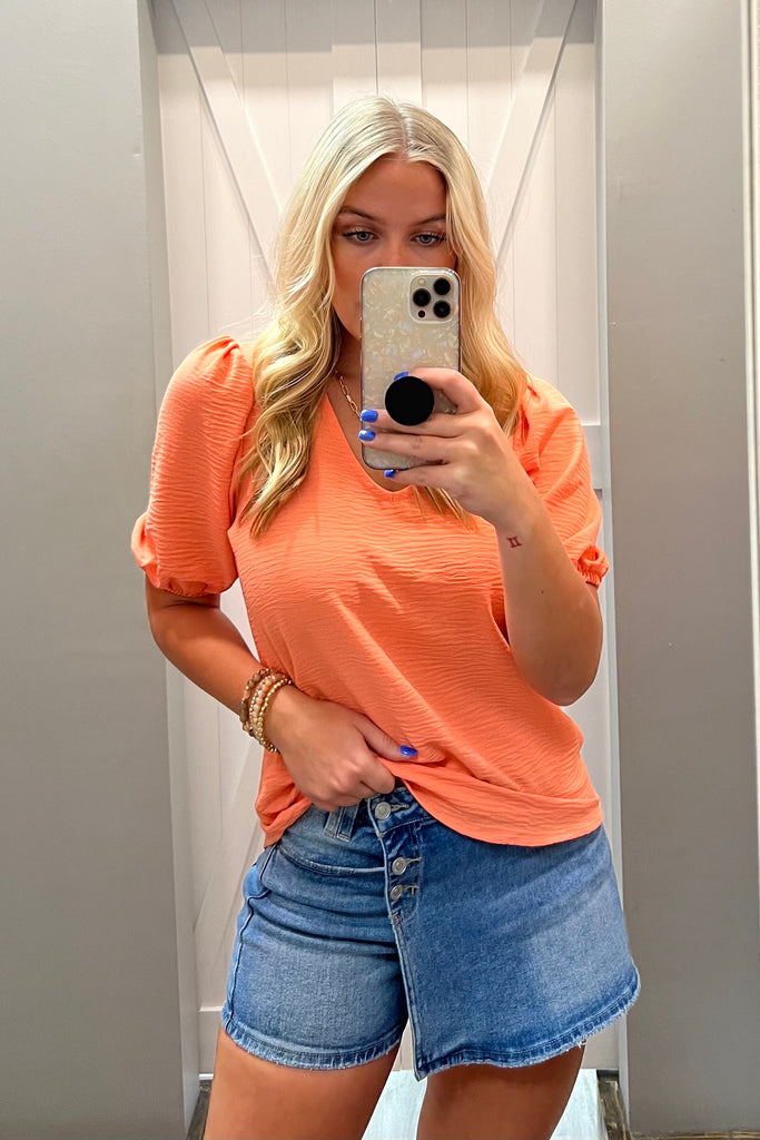 JULIE Puff Sleeve V-Neck Top (Coral) - Sassy & Southern