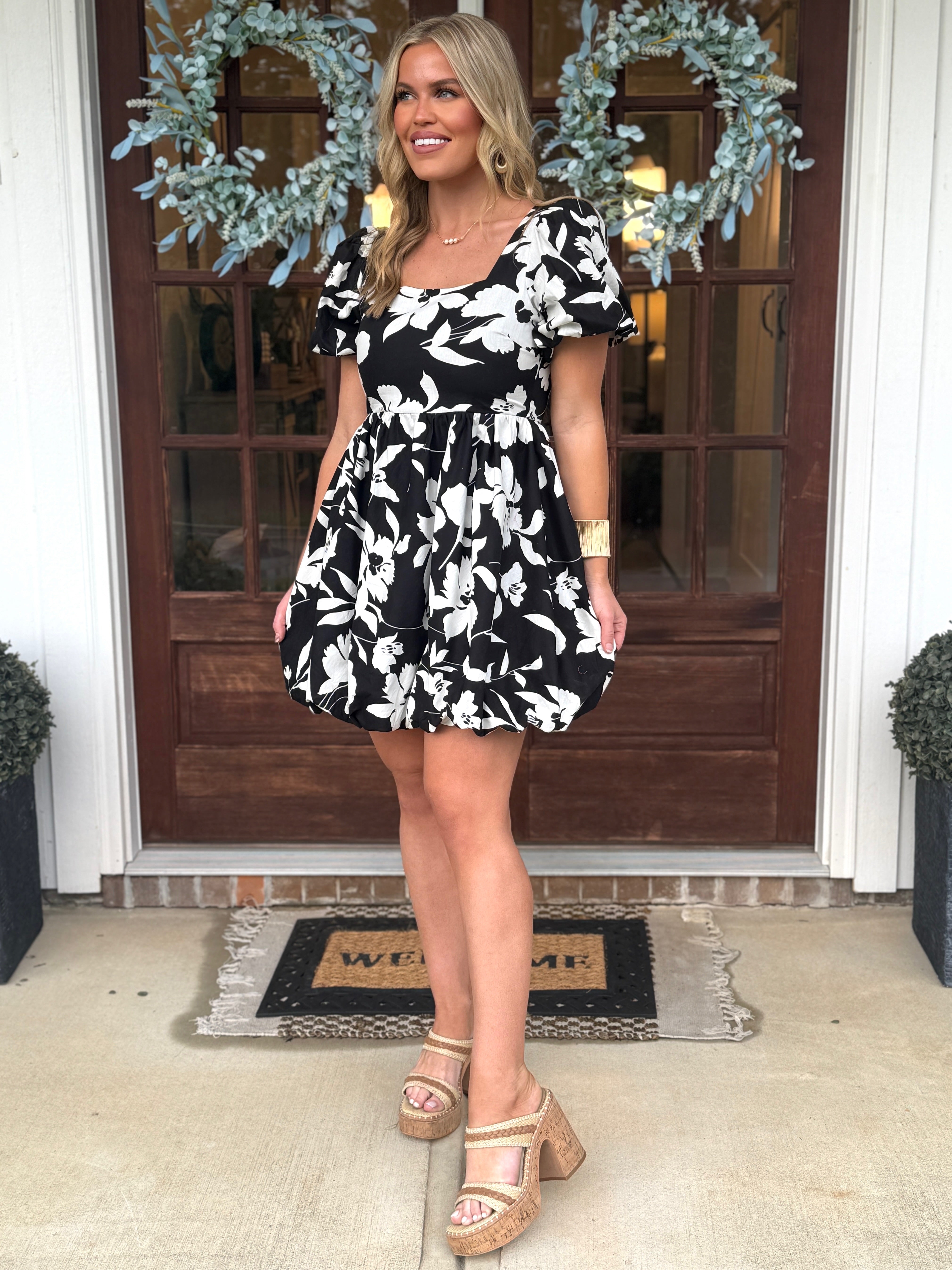 white dress with black floral RAMSEY Black/White Floral Dress | Women's | Sizes S-XL