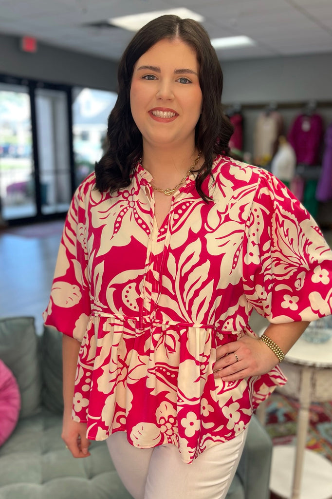 ADALINE Floral Print Top (Hot Pink) (Plus Size) - Sassy & Southern
