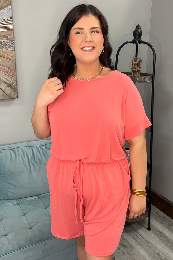 BAYLOR Elastic Waist Tie Romper (Coral) (Plus Size) - Sassy & Southern