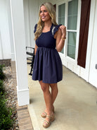 GRACE Embroidered Sleeve Ruffle Dress (Navy) - Sassy and Southern