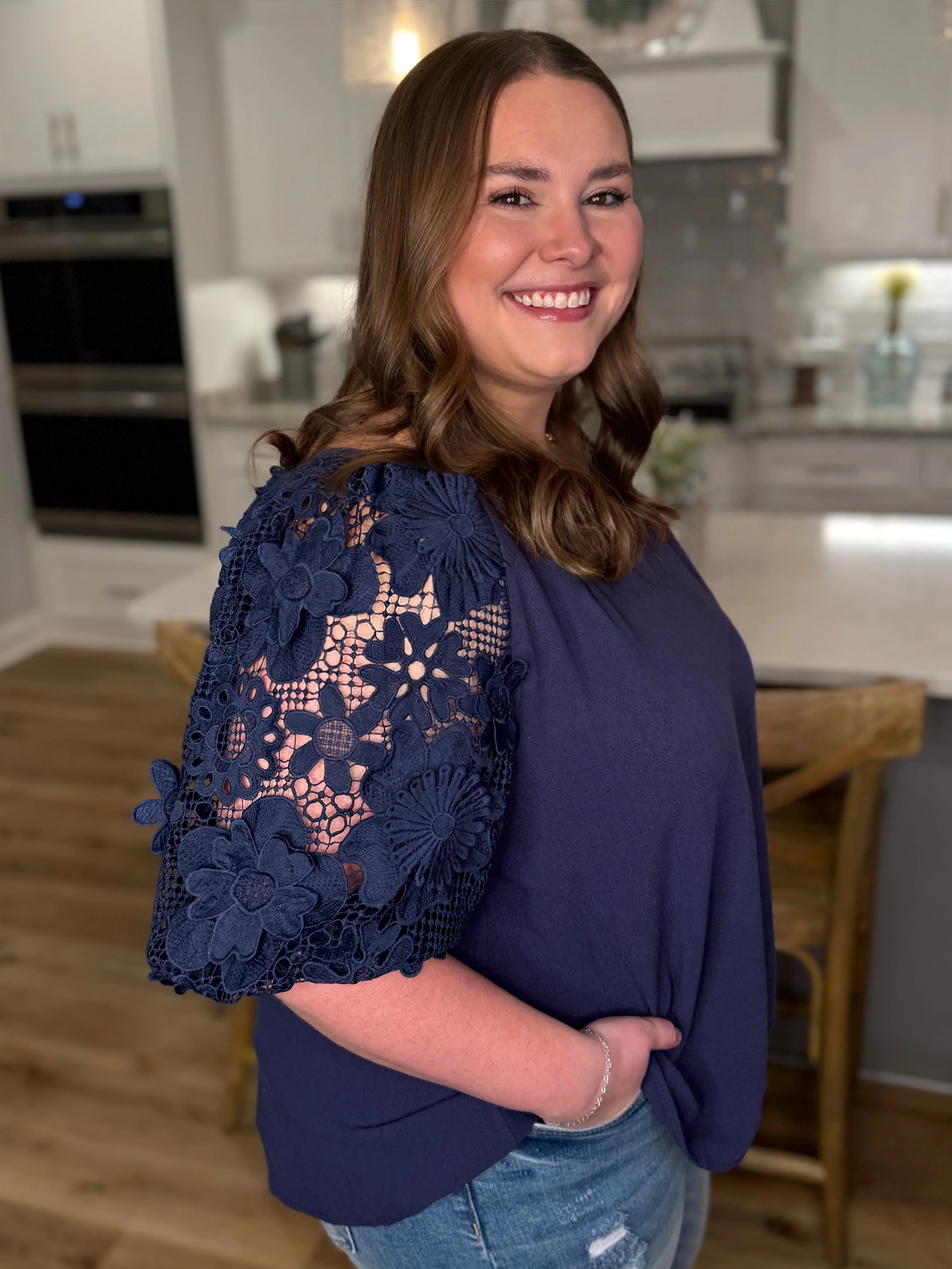 ☆hitomi puffy jacquard blouse navy S☆ Floral Jacquard Puff Sleeve Top – Endless Rose