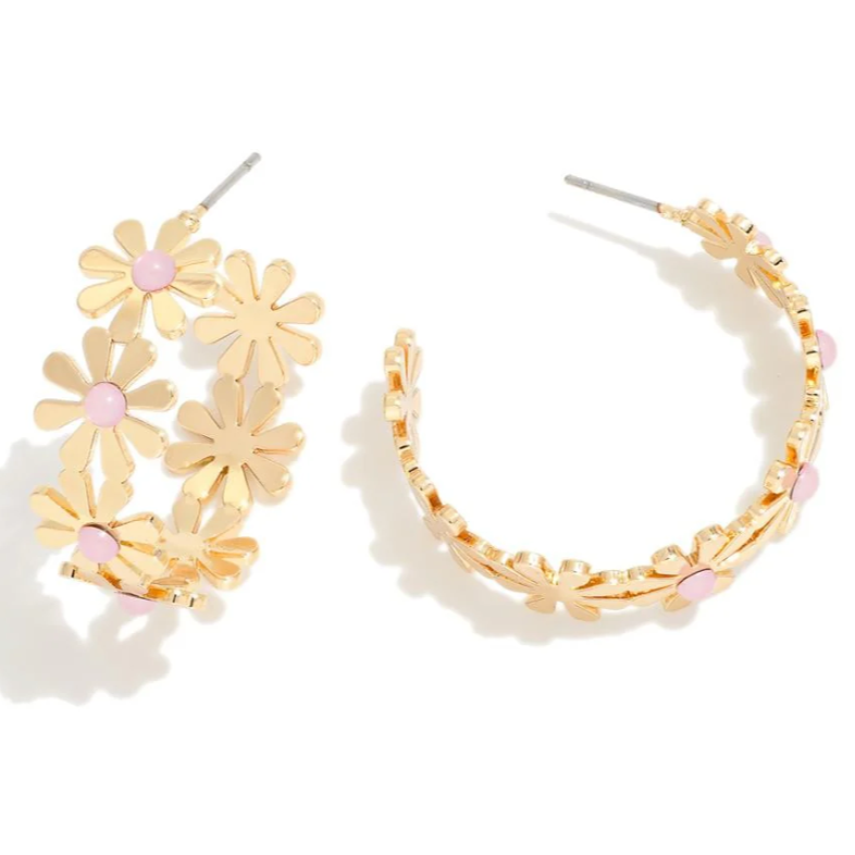 Flower Hoop Earrings W/ Light Pink Stones - Sassy & Southern