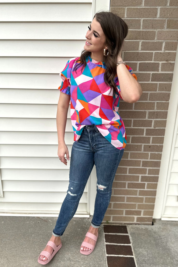 Smocked Geometric Print Top