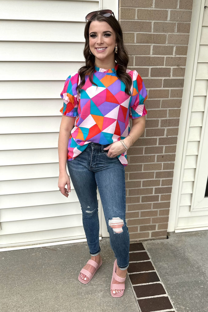 Smocked Geometric Print Top