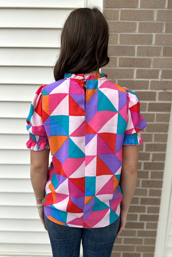 Smocked Geometric Print Top